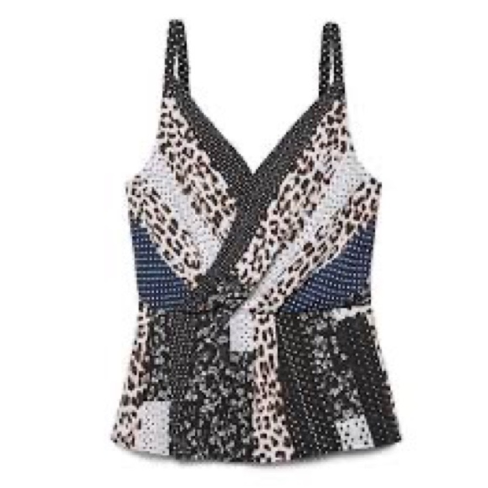 Cabi Crossover Cami - Sz 6 - Print Patchwork Tank Top - Navy, White, Black, Tan